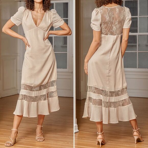 Lulus Dresses & Skirts - NWT LULUS Precious Moments Beige Lace Short Sleeve Midi Dress M